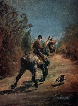 アンリ・ド・トゥールーズ・ロートレック Painting - 小さな犬を連れた馬と騎手 1879 年 トゥールーズ ロートレック アンリ・ド